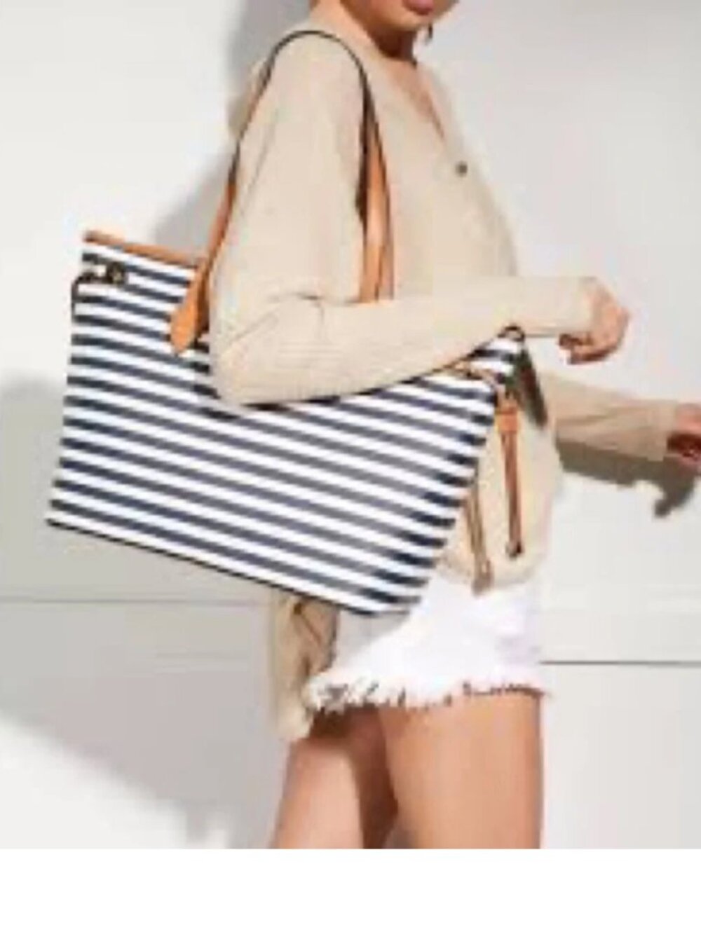 Aldo Striped Navy and White Large Tote with Tan Trim NWOT - Picture 2 of 14